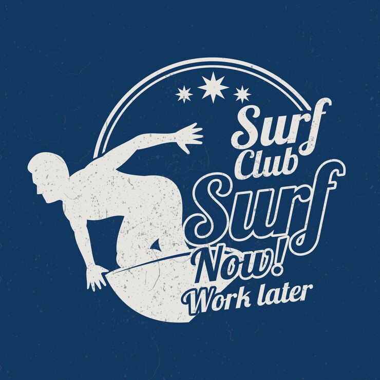Vector grunge vintage summer surfing sports. surf now, work later
