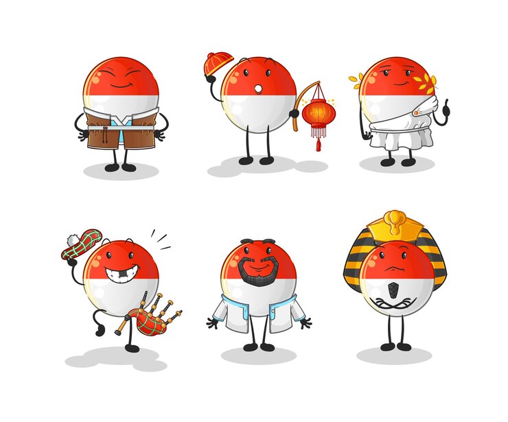Vector grup budaya dunia bendera indonesia. vektor maskot kartun
