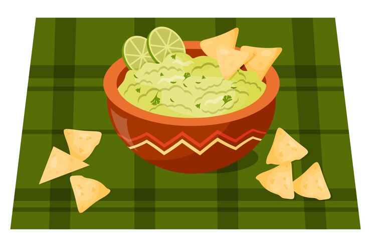 Vector guacamole traditional mexican food sauce guacamole with nachos and lime slices