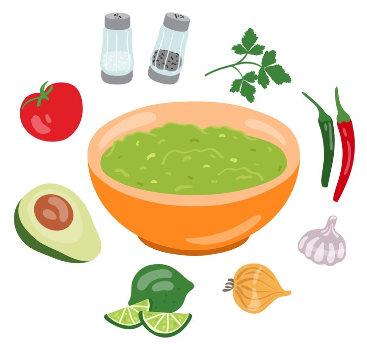 Vector guacamole with ingredients mexican avocado sauce in orange bowl