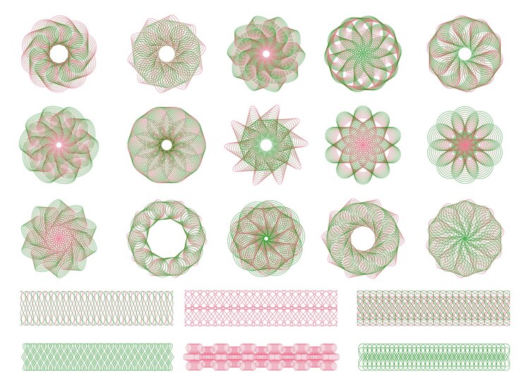 Vector guilloche collection. engraving security watermarks shapes for documents certificates and banknotes symmetrical forms. watermark voucher, guilloche ornament certificate illustration
