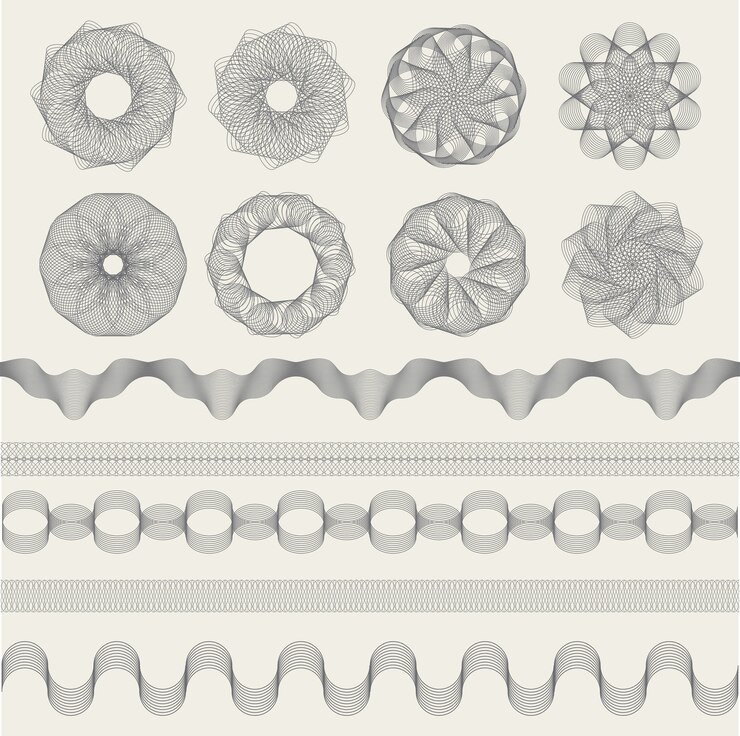 Vector guilloche graphics. vintage engraving waves for coupons money banknotes or certificate signs collection shapes. certificate wave graphic watermark, decorative pattern illustration