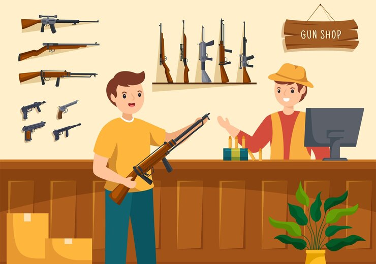 Vector gun shop or hunting with rifle and hunt equipment in flat style cartoon hand drawn illustration