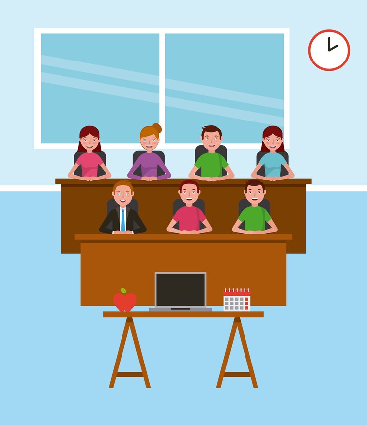 Vector guru dan siswa meja laptop kalender belajar