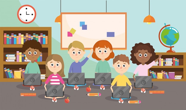 Guru dengan siswa dan perlengkapan laptop pendidikan