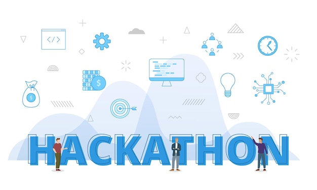 Hackathon concept with big words and people surrounded by related icon spreading with modern blue color style