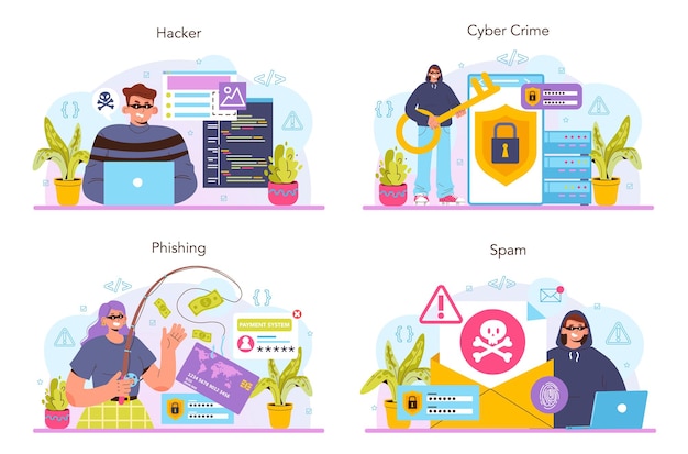 Hacker concept set. Cyber attack, thief stealing personal data and money from computer or smartphone. Digital data protection and database safety. Flat vector illustration