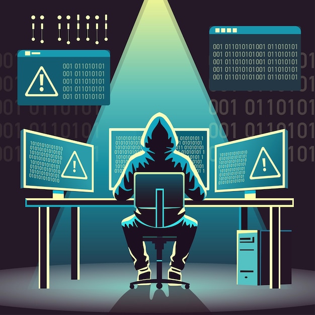 Hacker sitting in a dark room with multiple screens