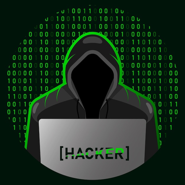 hacker with laptop vector computer stealing confidential data personal information credit card