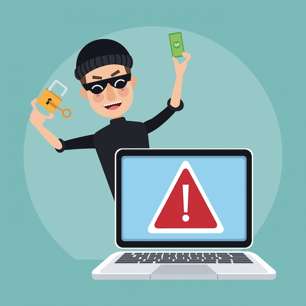 hacker with padlock unlocked and money behind laptop 