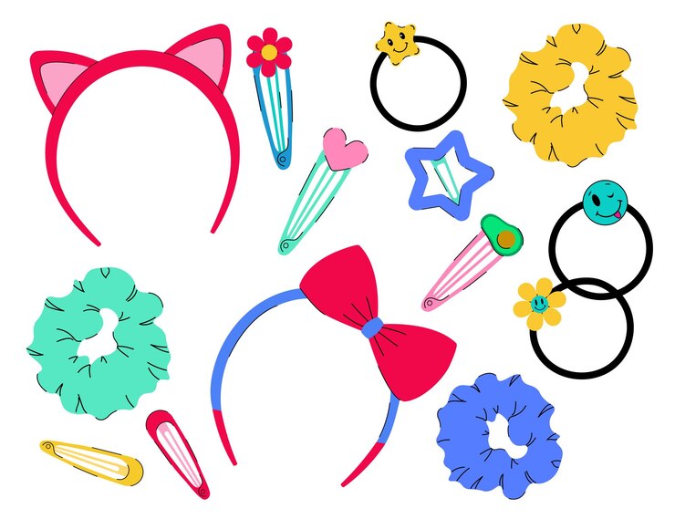 Vector hair accessories for girls hand drawn female hair hoops scrunchies headbands hair tie and bands