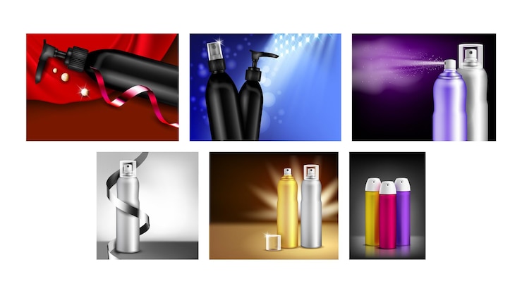 Vector hairspray creative promotional posters set vector. hairspray different blank sprayers bottles collection advertising banners. elegant hairstyle cosmetic stylish concept template illustrations