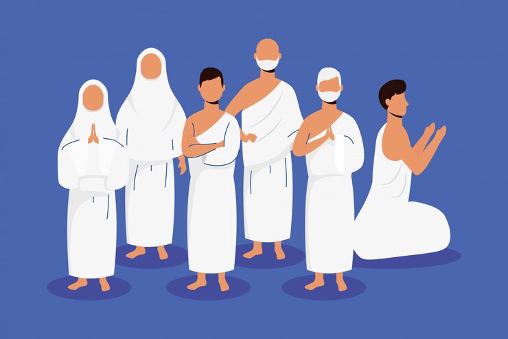 Vector hajj pilgrimage with muslim people scene