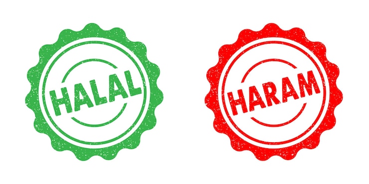 Vector halal haram food green red ink rubber stamp seal badge grunge effect tag vignette permited or