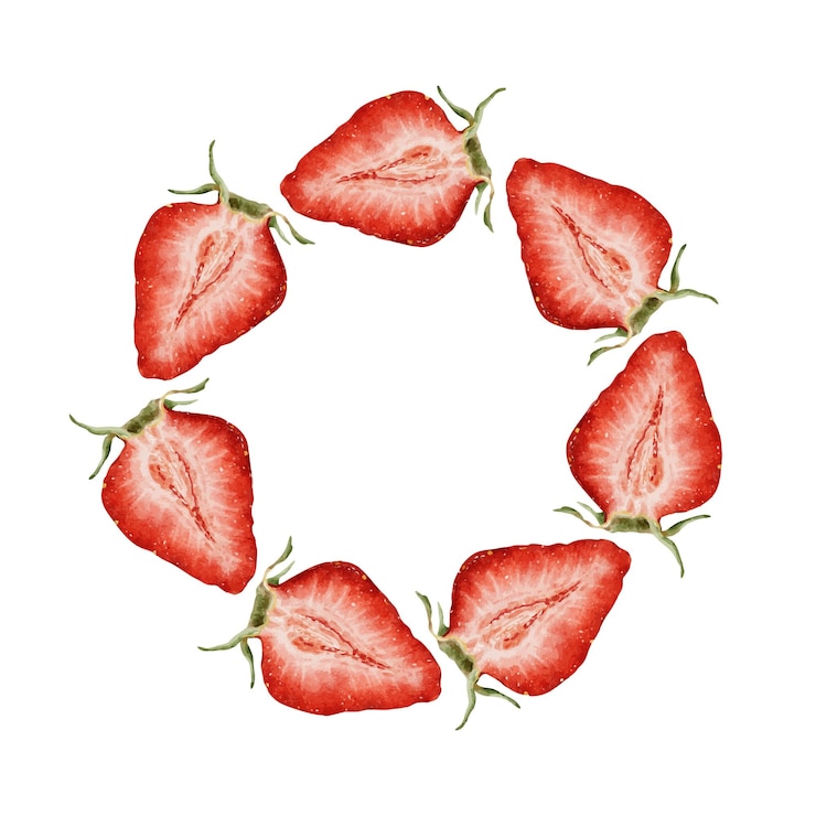 Vector half sliced strawberry berries watercolor floral frame of ripe summer pulp fruits