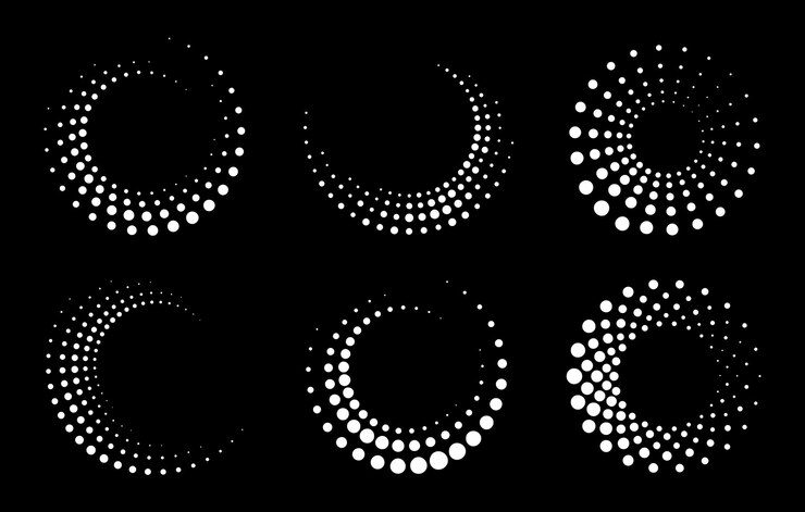 Halftone circular dotted frames set. Circle dots