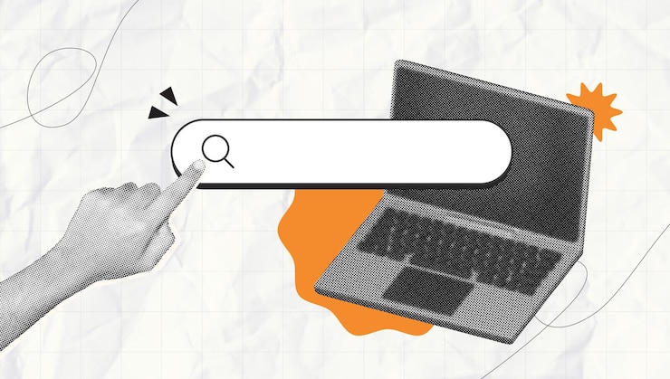 Vector halftone collage search concept with a hand gesture touch a hand clicks a search bar exploration