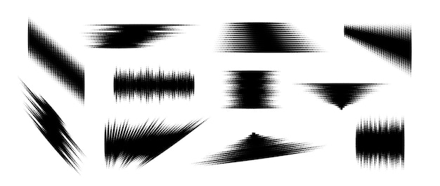 Halftone glitch element set Dotted textured geometric form collection Grunge abstract halftone spike