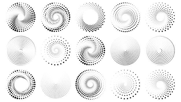 Halftone round elements twisters halftone circular textures with dots circle halftone tornado