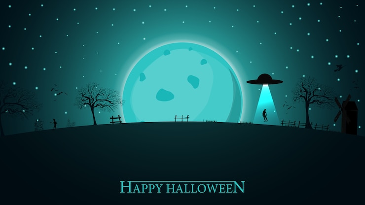 Vector halloween background. halloween night landscape with big blue moon and alien ship
