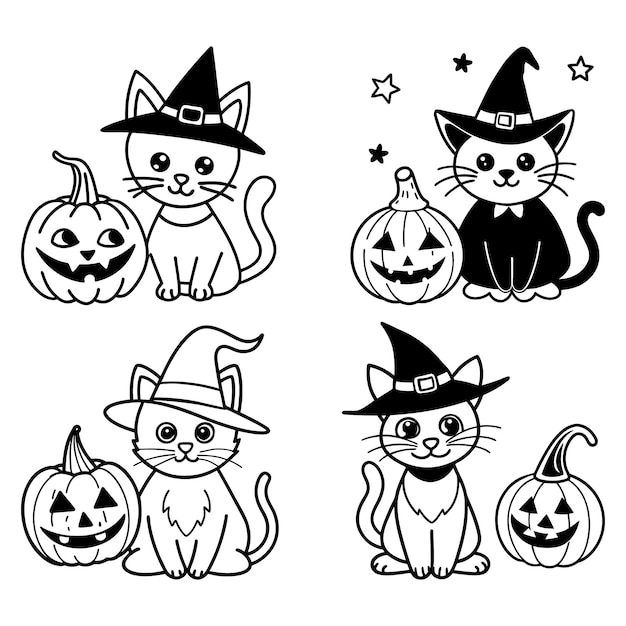 Halloween Cats with Witch Hats and Pumpkins Cute Black and White Vector Set