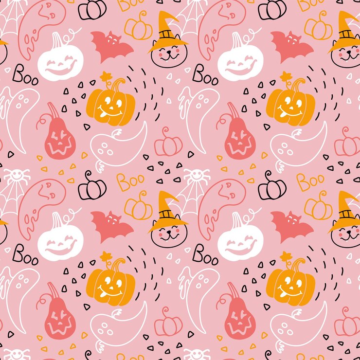 Halloween illustration on pink background Cute seamless pattern for kids fabric wrapping textile