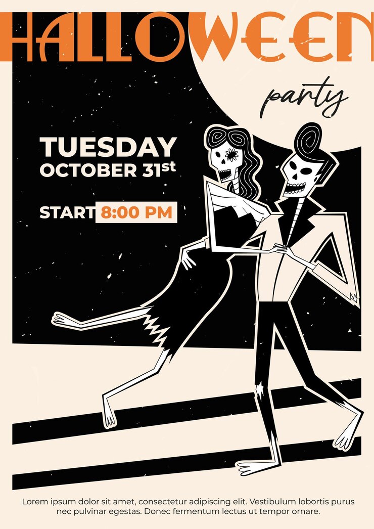 Halloween party flyer Retro skeleton characters for Halloween Halloween invitation