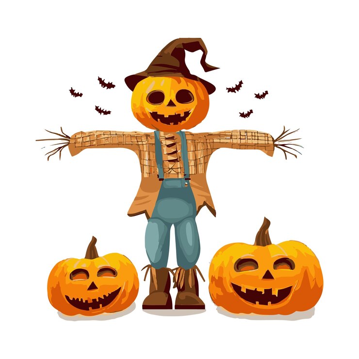 Halloween scarecrow with pumpkins vector illustration isolated on free