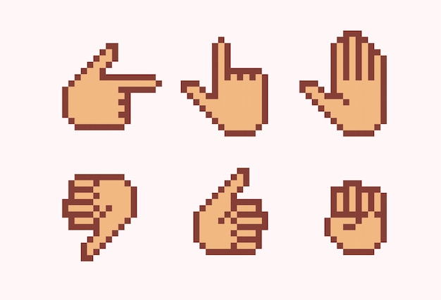 Hand cursor pixel art set. Hand gesture collection. Thumb up, down, stop and hit. 8 bit sprite.
