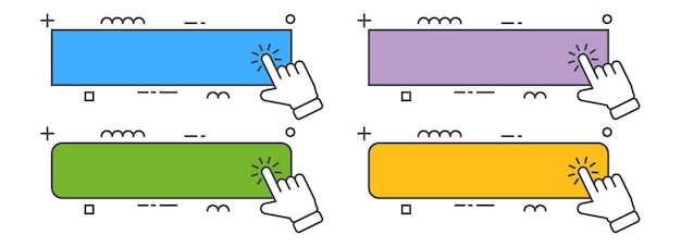 Hand cursor with click here banner vector set Action button with mouse click