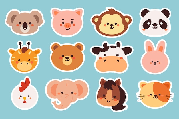 hand drawing cartoon animals sticker set