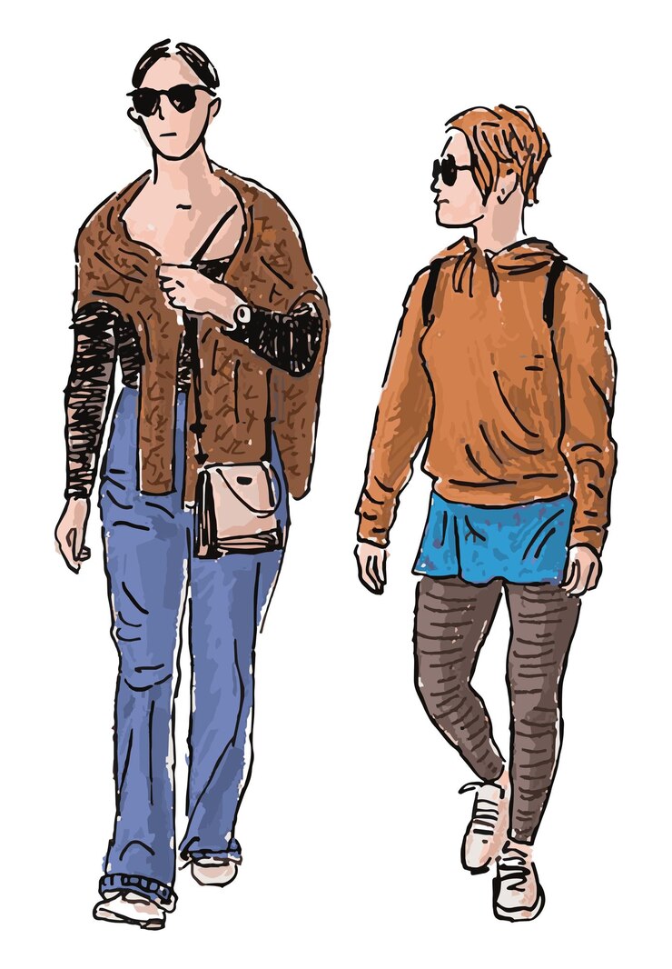 Vector hand drawing of casual modern fashionable city girls walking along street