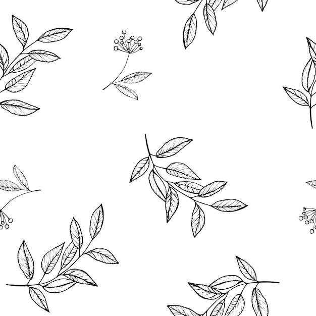 Hand drawing sketching seamless pattern with vector black and gray branches with leaves and berries