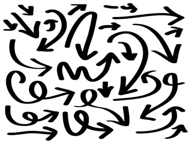 Hand drawn Arrows collection, with various directions. Doodle.