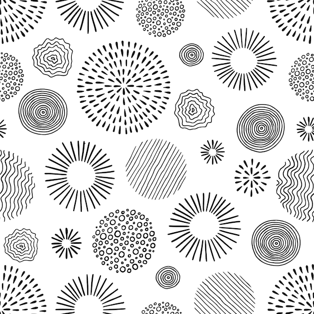 Hand drawn black white circle seamless pattern Doodle style abstracrt textured scribble stripped dot circle element pattern Monochrome background