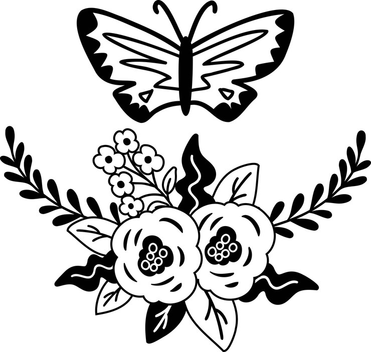 Vector hand drawn boho style flowers and butterflies illustration