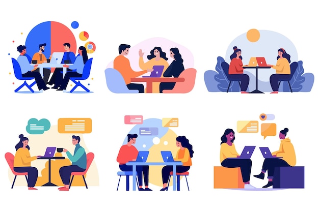 Hand Drawn Businessmen sitting and consulting together in flat style isolated on background