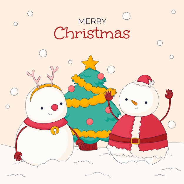 hand drawn christmas illustration with tree and snowmen