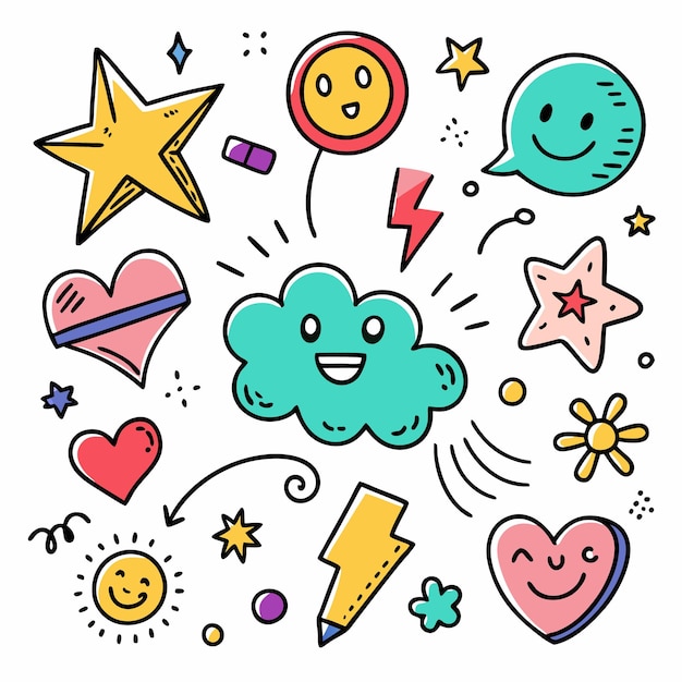 hand drawn colorful doodle set with smileys stars hearts lightning and sun