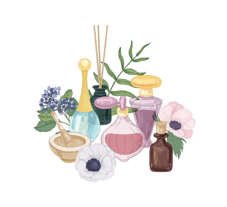 Vector hand drawn composition with aroma cosmetics, scented water and essential oil in glass bottles, mortar and pestle, incense sticks and blooming flowers