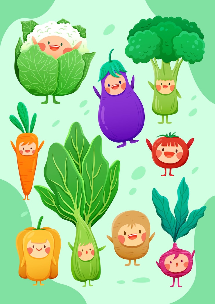 Vector hand drawn cute happy vegetables character set collection
