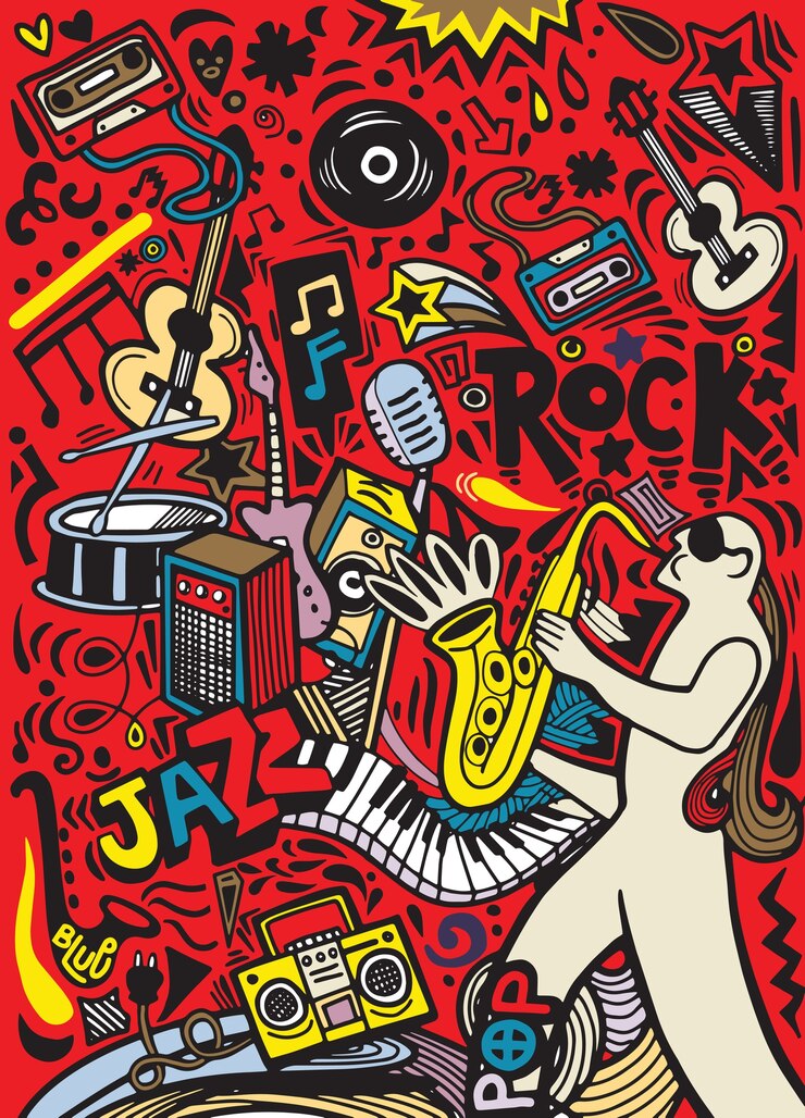 Vector hand drawn doodles musical poster template.abstract music 