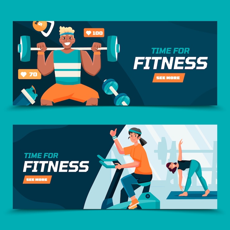Vector hand drawn flat fitness banner set