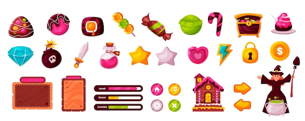 Hand drawn flat game assets icons set