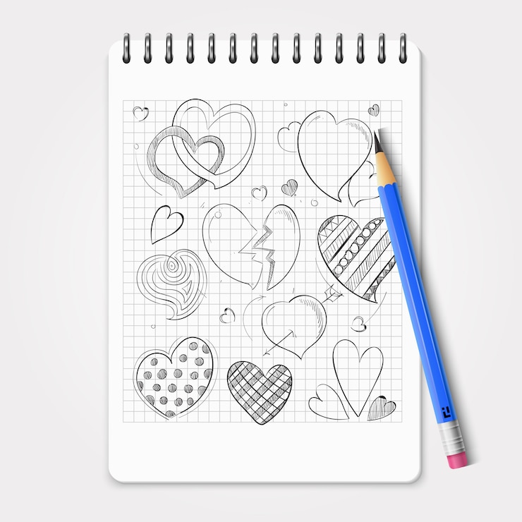 Vector hand drawn hearts set with realistic pencil and notebook