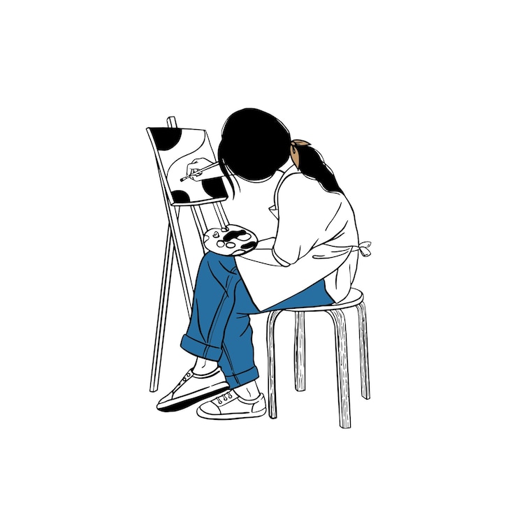 Vector hand drawn ink woman wearing an apron drawing on an easel.