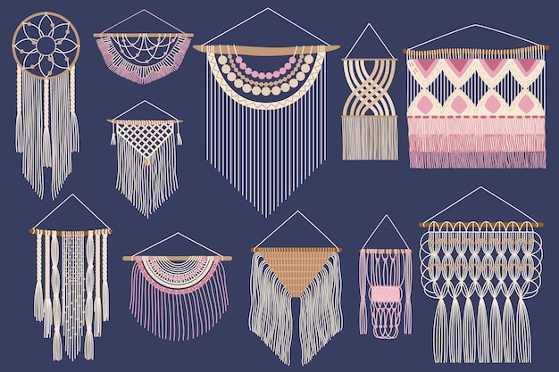 Hand drawn macrame Nordic woven wall decor cotton braid hanging and handcraft boho ornament of knitted tapestry yarn cord vector set