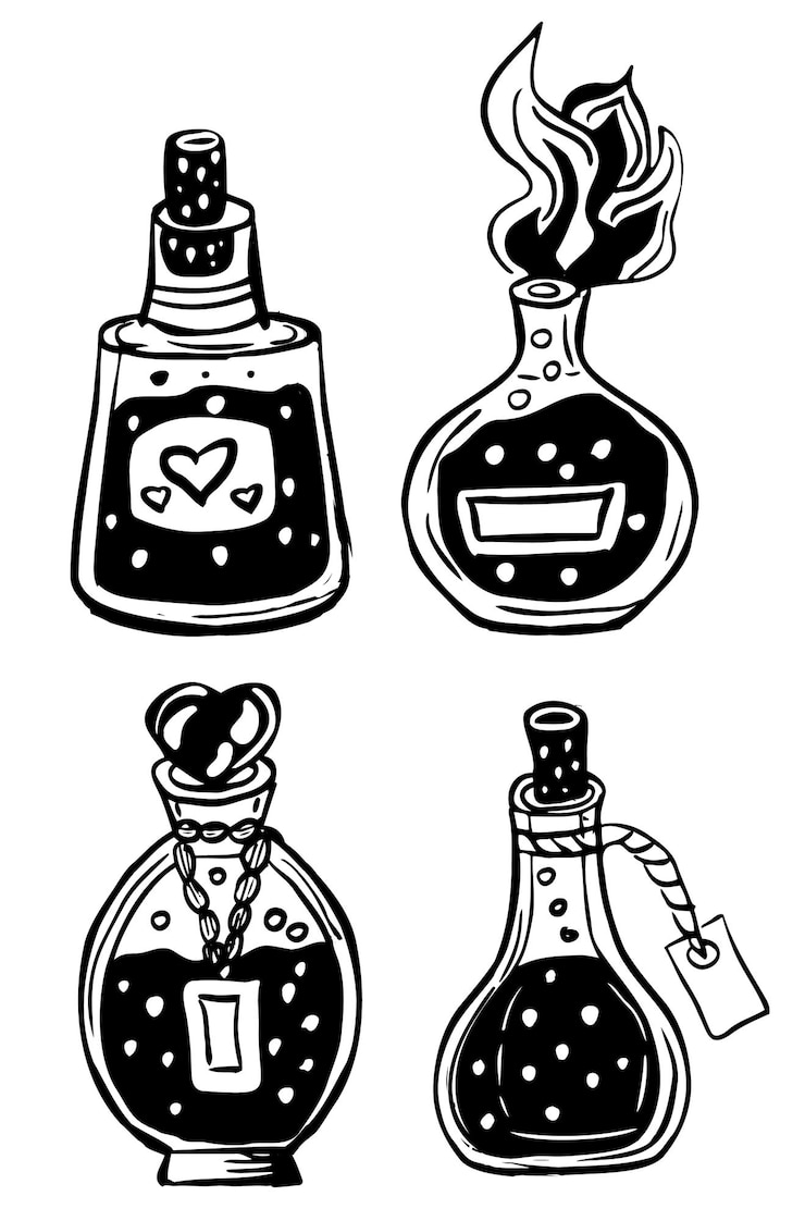 Vector hand drawn magic bottles isolated on white
