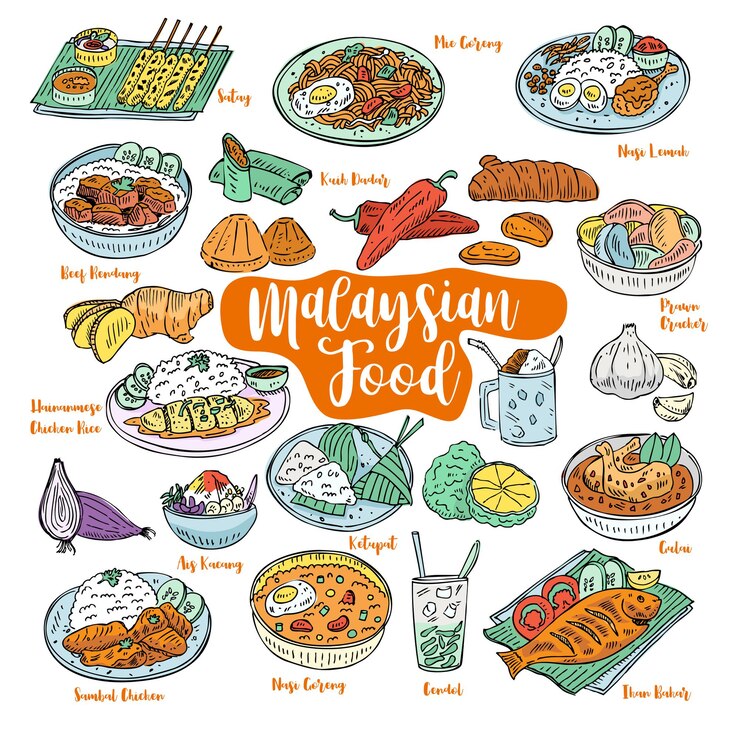 Vector hand drawn malaysian food doodles
