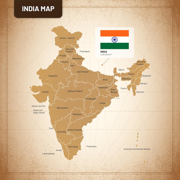 Hand drawn map of india with old style